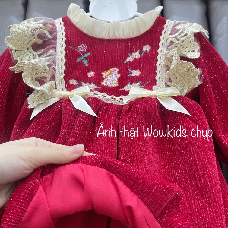 Váy Nhung Nhũ Cho Bé Gái WOWKIDS Lót Bồng Thêu Hoa Phối Ren Cánh Tiên Cho Bé Từ 8-14kg