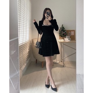 Váy- Đầm nhung cổ vuông đính đá dáng xoè