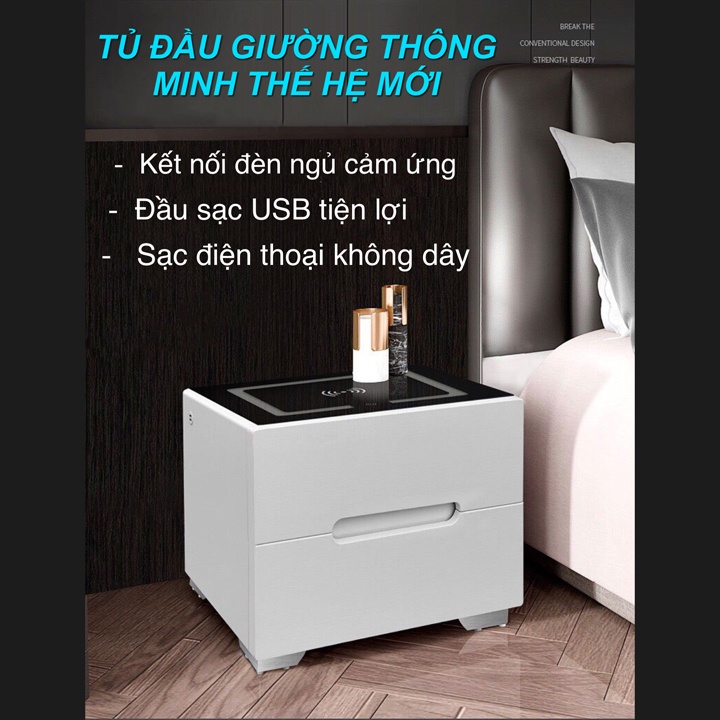 Tủ Đầu Giường, Tab Tủ Kệ Thông Minh Có Sạc Điện Thoại Không Dây, Đèn Ngủ Led Cảm Ứng Vân Tay, Đầu Sạc USB (3 Trong 1)