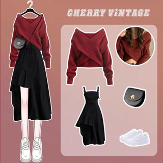 Set áo len trễ vai vạt chéo siêu xinh kết hợp váy yếm 2 dây xẻ tà 1 bên siêu hack dáng cherryvintage