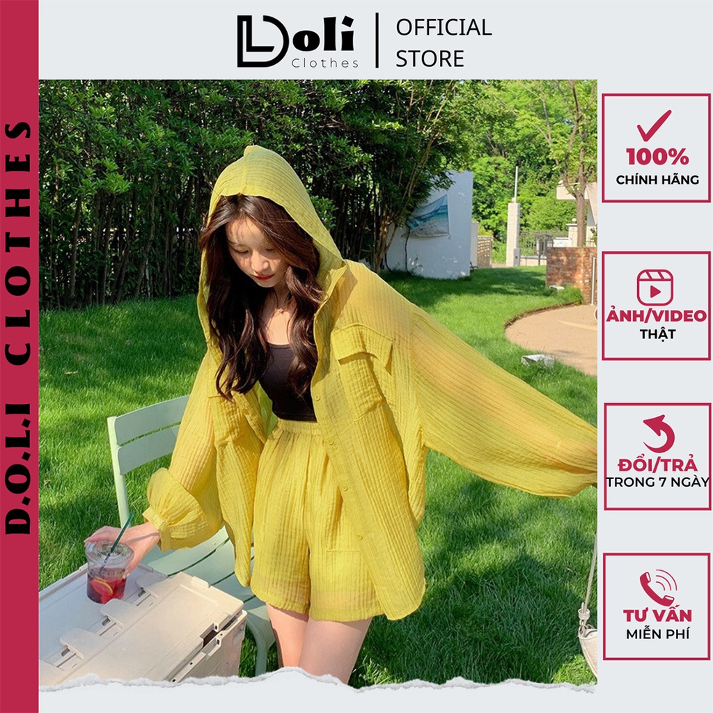 Bộ Áo Khoác Mỏng Có Mũ Vải Đũi Gân - Set Áo Nữ Dài Tay Kèm Quần Đùi Xanh Bơ B073 - DOLI Clothes