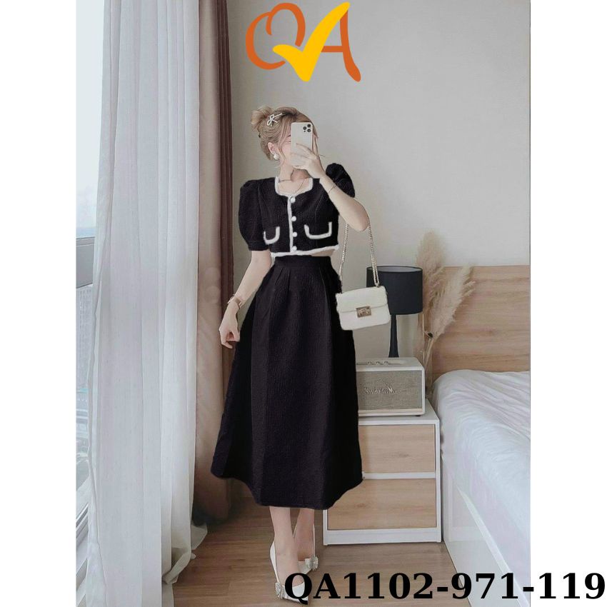 Set Váy nữ dạo phố, công sở, dự tiệc Quocanh chân váy phối với áo croptop cổ tay áo viền