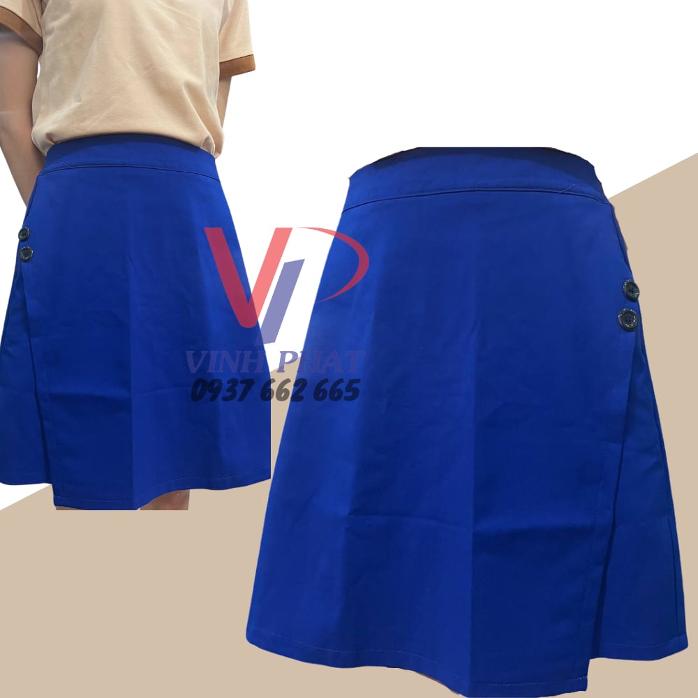 Chân Váy Chữ A Phối Cúc Màu Xanh Bích Dài Ngang Gối Lưng Thun Co Giãn Thoải Mái Chất Vải Đẹp Mát - Hình thật