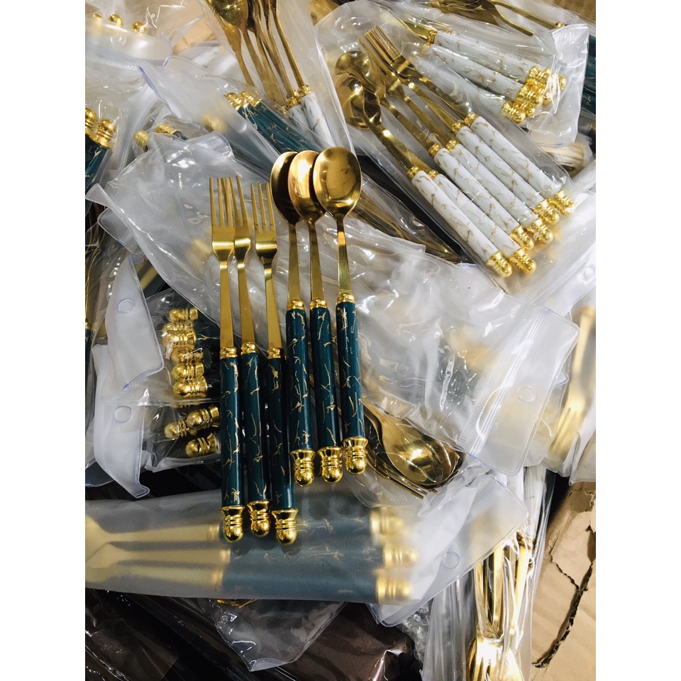 Sét 6 thìa dĩa ăn mạ vàng sang trọng cán cầm sứ cẩm thạch trang trí bàn ăn gia đình, nhà hàng phong cách hiện đại