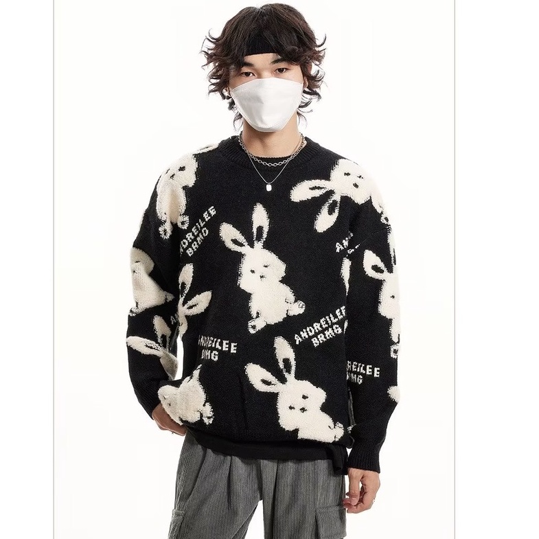 Áo Sweater Màu Đỏ In Hình Thỏ Phong Cách Trung Hoa Cho Cặp Đôi