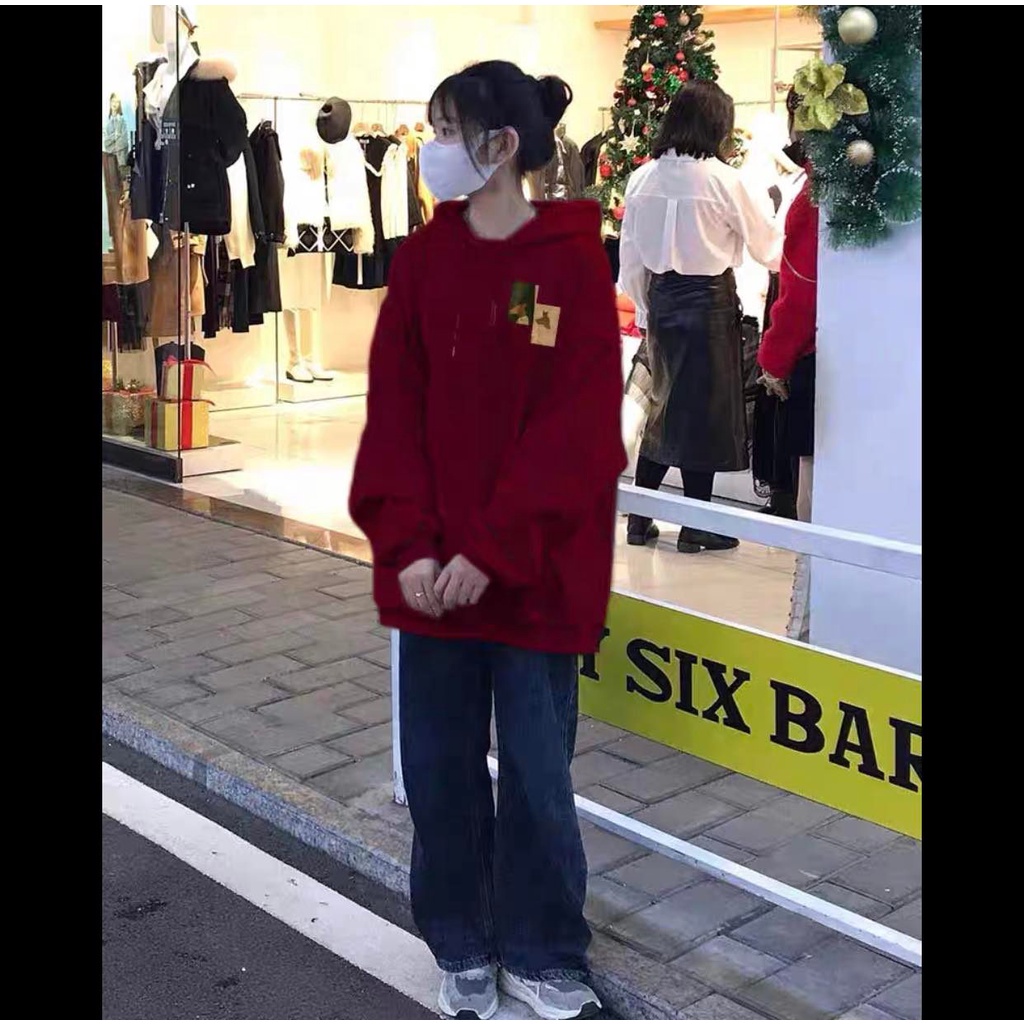 Áo Hoodie Đỏ Đô Noel Unisex Chất Nỉ Ngoại Dáng Rộng Tay Bồng Vintage