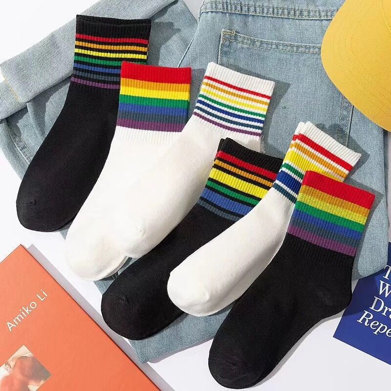 Vớ Cotton Cổ Cao Họa Tiết Kẻ Sọc Nhiều Màu Sắc Phong Cách Hàn Quốc Thời Trang Thu Đông Cho Nữ