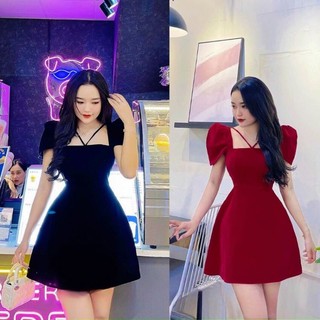 Đầm nữ đẹp nhung đỏ đen tay phồng đan dây ngực chéo cổ đi tiệc sang chảnh