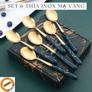 Set 6 thìa inox , Cán sứ màu xanh vân đá cao cấp - Toyza Shop