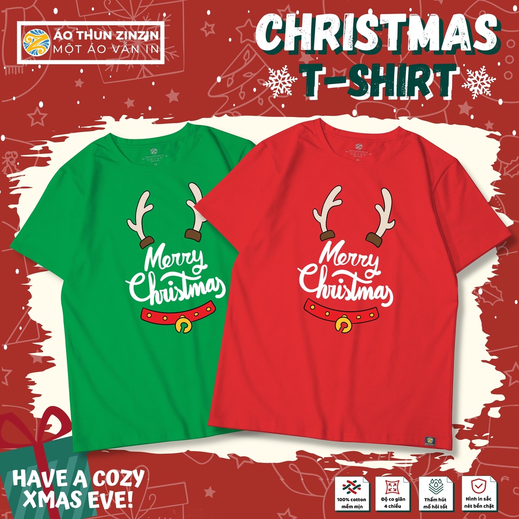 Áo thun giáng sinh tuần lộc Merry Christmas cổ tròn 100 phần trăm cotton 4 chiều (mẫu 3)
