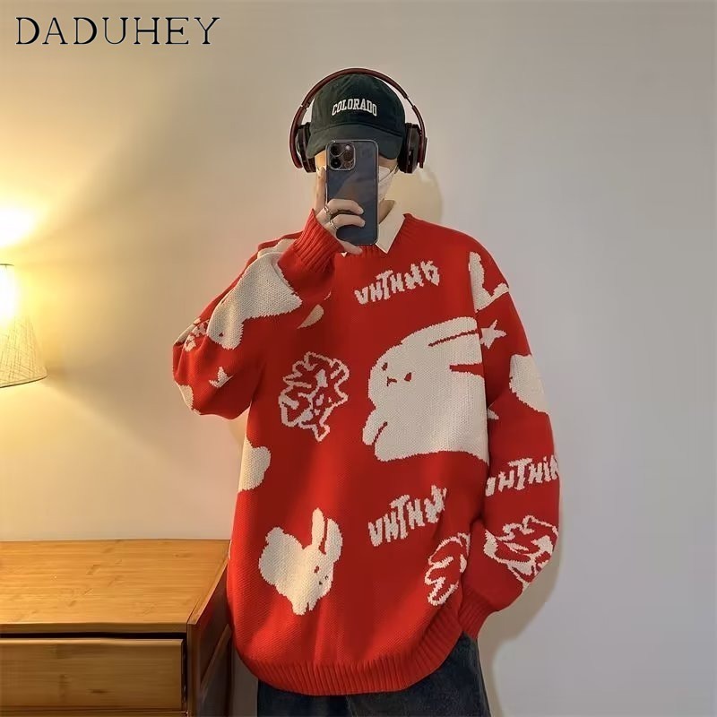 DaDuHey Men 'S And Women 'S Chinese Red Festive Bunny Couple Style Casual Sweater New Rabbit Jacquard Sweater