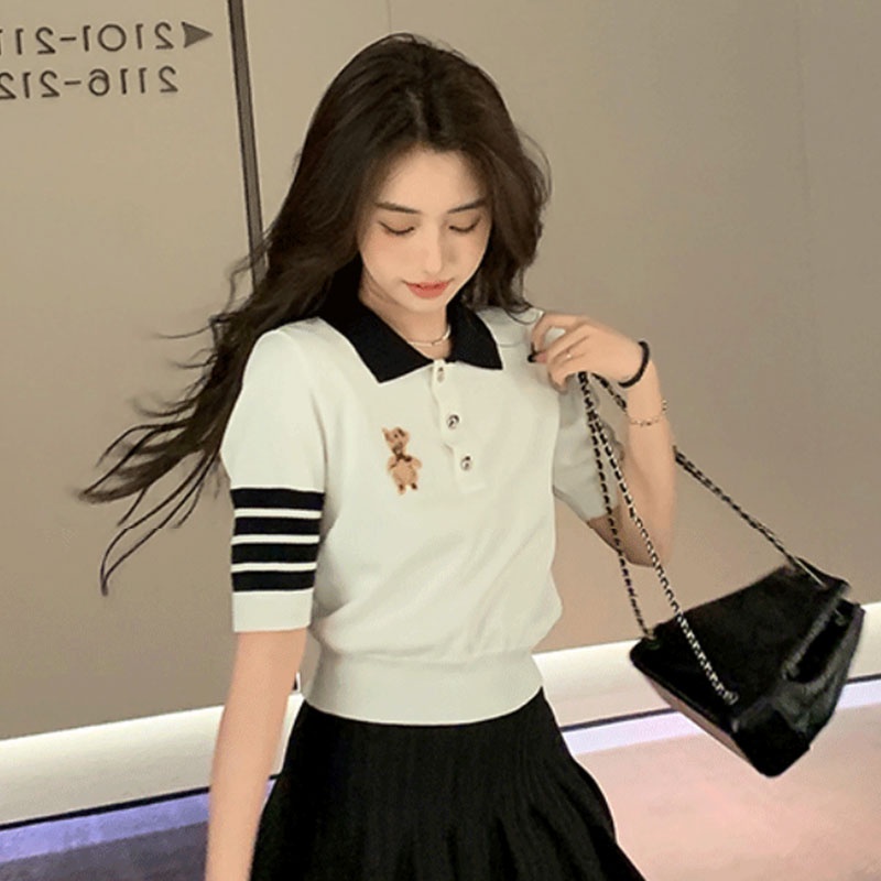 Áo Dệt Kim Tay Ngắn Cổ POLO Dáng Ôm Thời Trang Hàn Quốc Cho Nữ