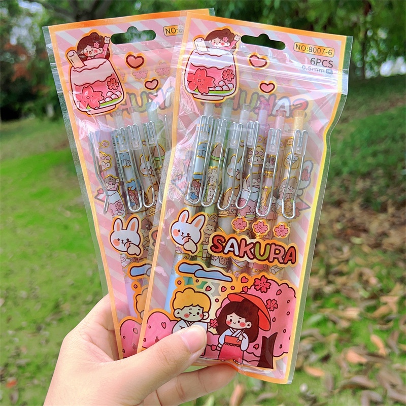 SANRIO Set 6 Bút Mực gel Ngòi 0.5mm Vỏ Kim Loại Họa Tiết Trái Tim Xinh Xắn