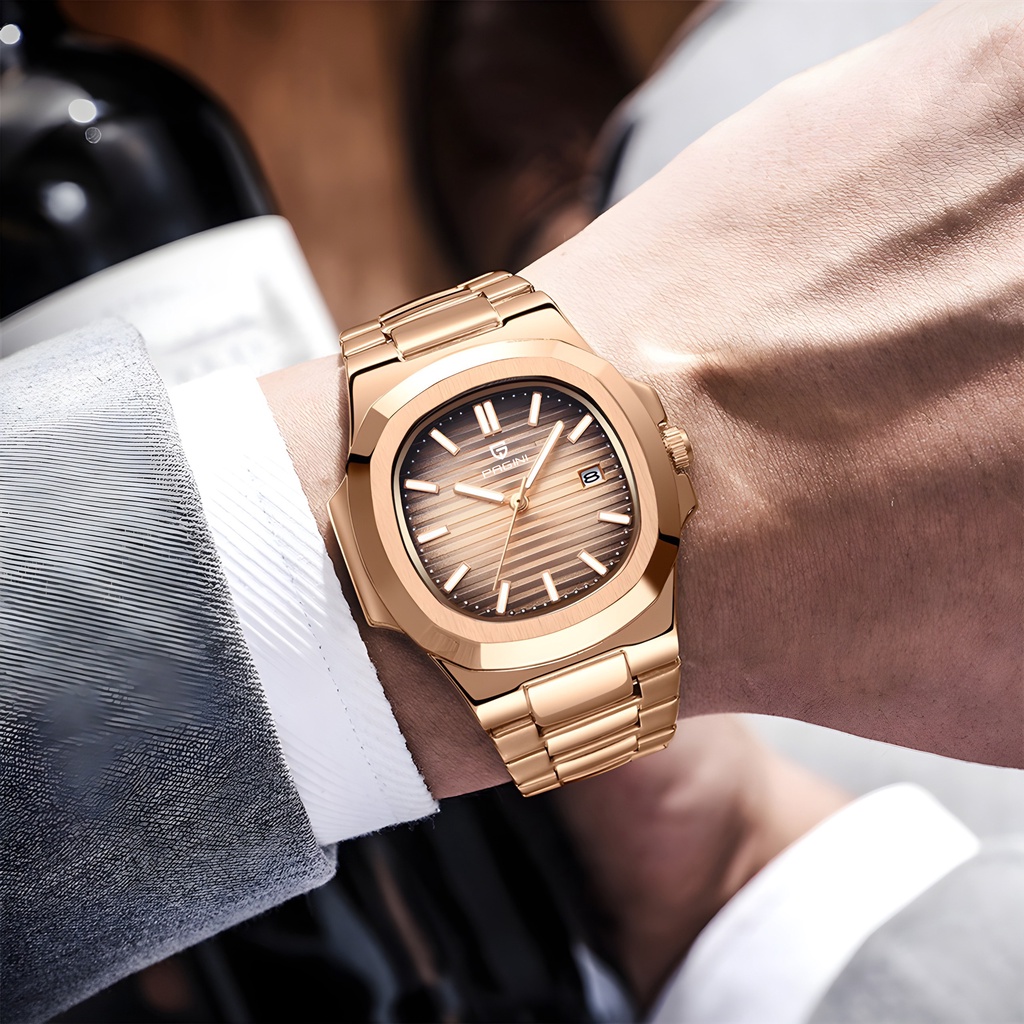 Đồng Hồ Nam Pagini Mặt Vuông - Viền Xước Phong Cách - Kim Dạ Quang, Có Lịch Ngày - Dây Đúc Đặc Cao Cấp