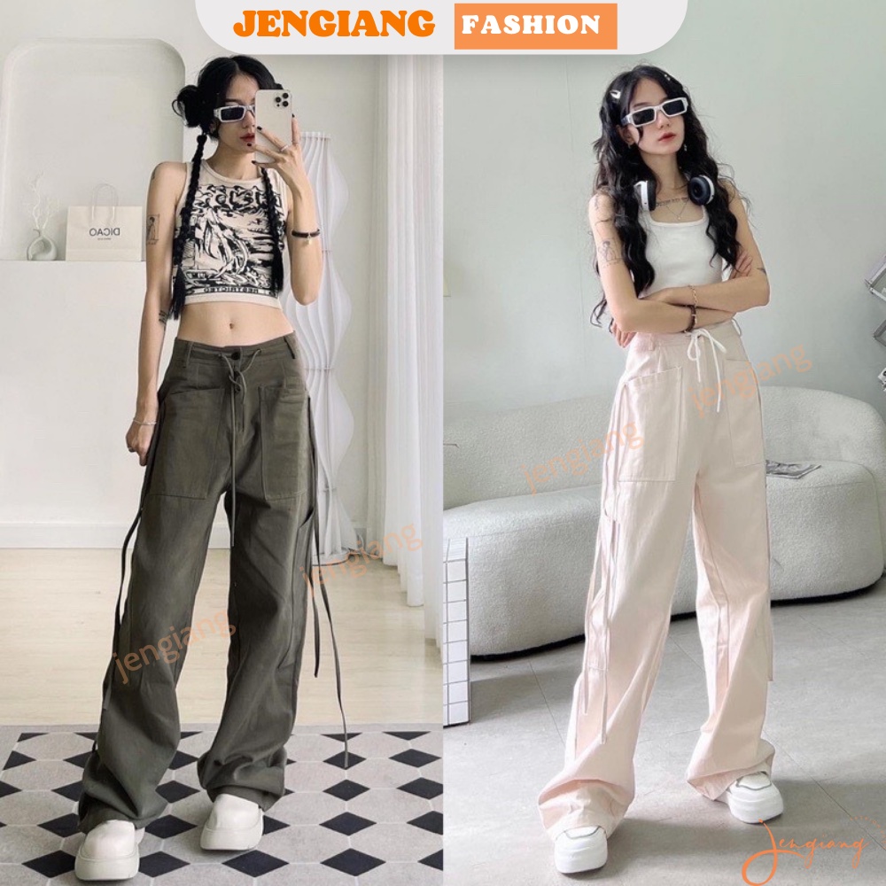 Quần Kaki túi hộp lưng cao ống rộng phối dây buộc cargo pants phong cách retro hiphop cá tính Jengiang