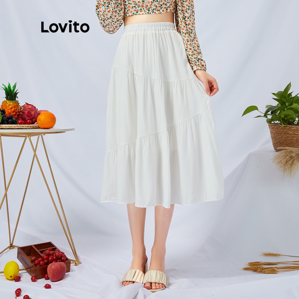 Lovito váy xếp ly màu trắng lãng mạn L11014