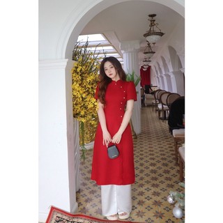 SET ÁO DÀI ĐỎ TAY NGẮN KÈM NÚT KIỂU - Hình Shop Chụp Thật