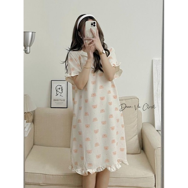[Hình Thật] Đầm ngủ nữ chất đũi xốp/ đũi gân viền bèo tiều thư hoạ tiết cute | BigBuy360 - bigbuy360.vn