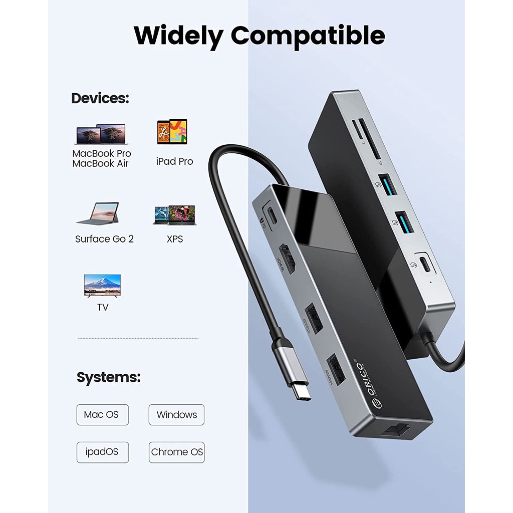 Bộ chia cổng USB C Hub ORICO 10 trong 1 với Ethernet PD 100W/HDMI 4K @ 30Hz/USB-A3.0/USB-C3.0/SD/TF cho Dell/Surface/HP