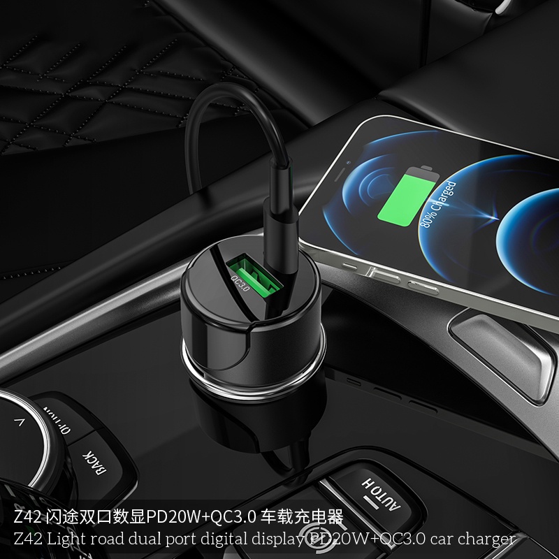 Tẩu sạc nhanh oto Hoco Z42 - Hỗ trợ sạc nhanh 20W - QC 3.0 - Có màn hình Led hiển thị dòng điện - Educase86