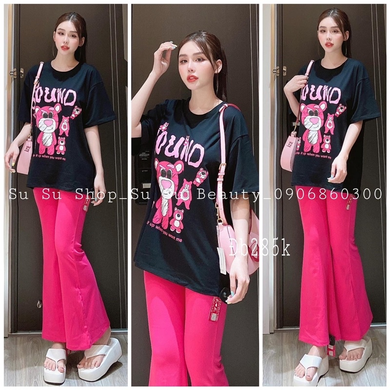 Set áo thun cotton gấu dâu quần ống rộng