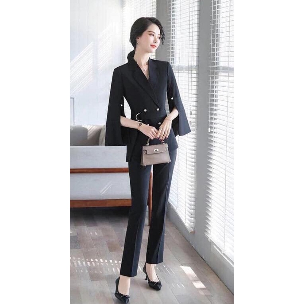 Sét Vest Tay Xẻ Công Sở Sang Chảnh - Bộ Vest Nữ Quần Dài Tay Lỡ Kaki Lụa Hàng nhập QUảng Châu Cao Cấp