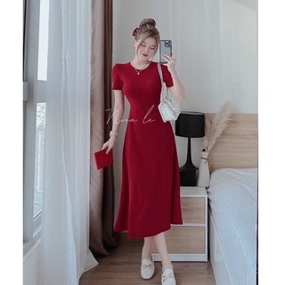 Đầm gân cột nơ lưng form dài xòe về 3 màu y ảnh (87620)