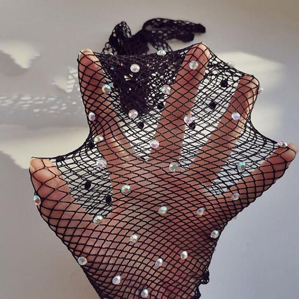 Găng Tay Lưới Co Giãn Đính Hạt Kim Cương Lấp Lánh Dùng Biểu Diễn Sân