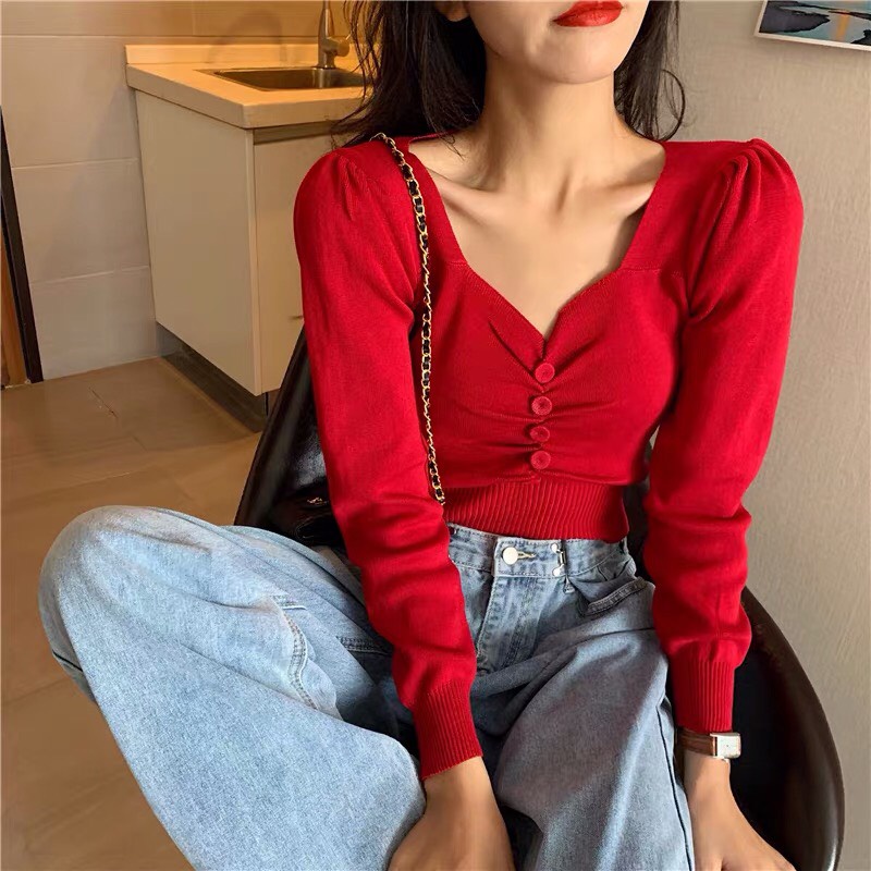 MM237 Áo len nữ rúm ngực đính khuy tay bồng cổ tim phong cách Hàn Quốc