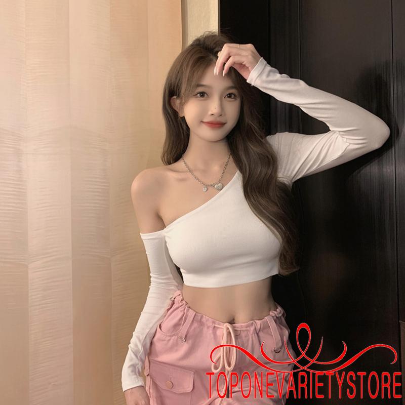 Áo Croptop Trễ Vai Tay Dài Màu Trơn Thiết Kế Đơn Giản Cho Nữ