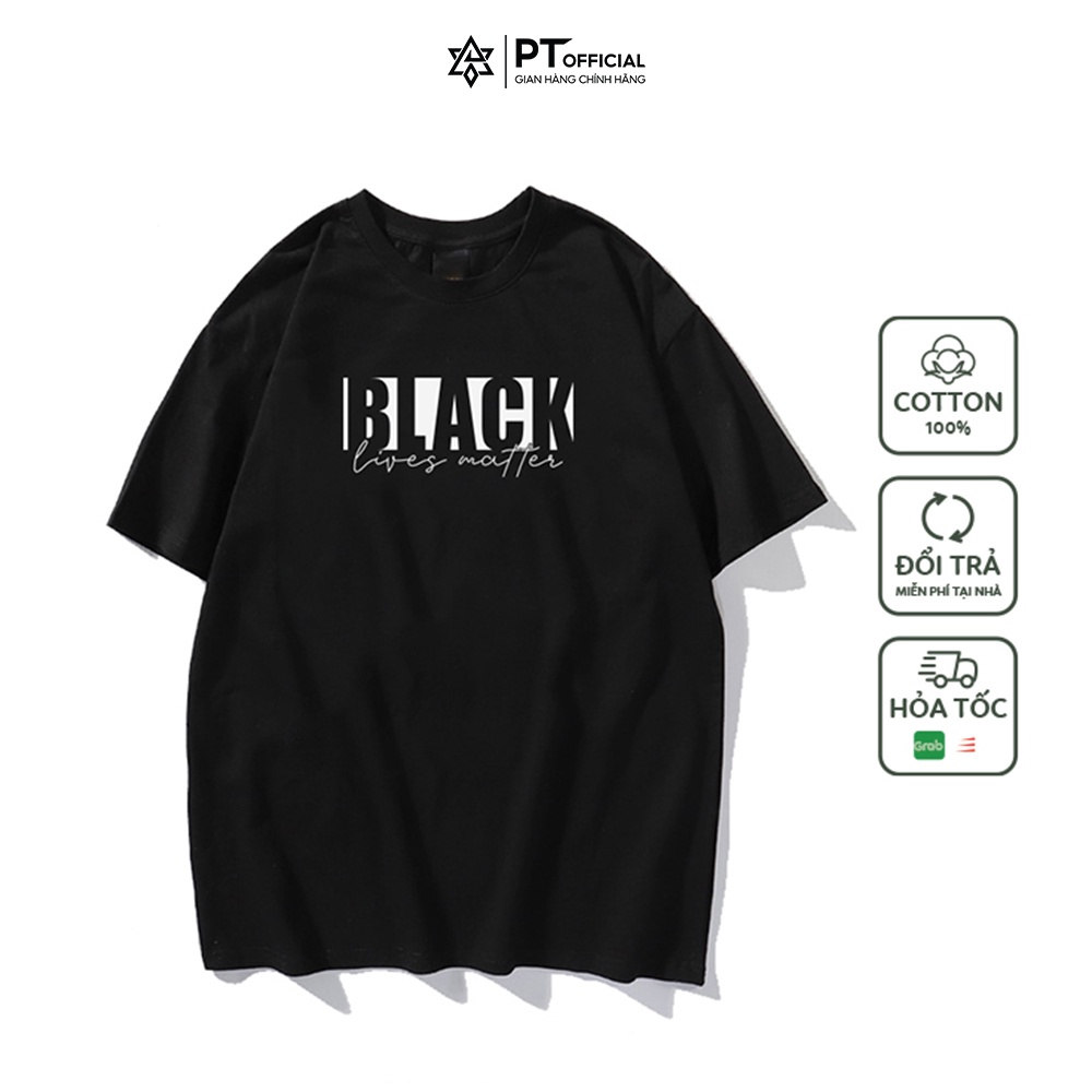 Áo cao cấp tay lỡ chữ BLACK basic cotton 100% dáng rộng (Đen, Trắng) - PT Office