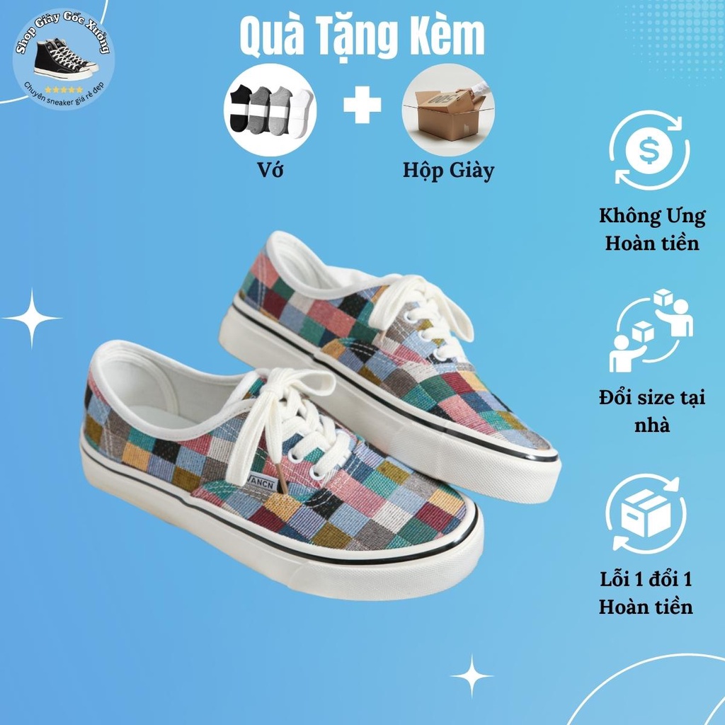Giày lười kiểu vans thắt dây phối kẻ caro 7 màu hàng Trung cao cấp, Giày lười buộc dây kiểu vans bản đặc biệt full box