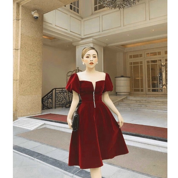 Đầm Nhung Thiết Kế Dáng Xòe Cúp Ngực Đính Cườm Phối Lưới Cao Cấp, Sang Trọng, Quyến Rũ, Chất Nhung Cứng Dày Mềm Mịn, Bền