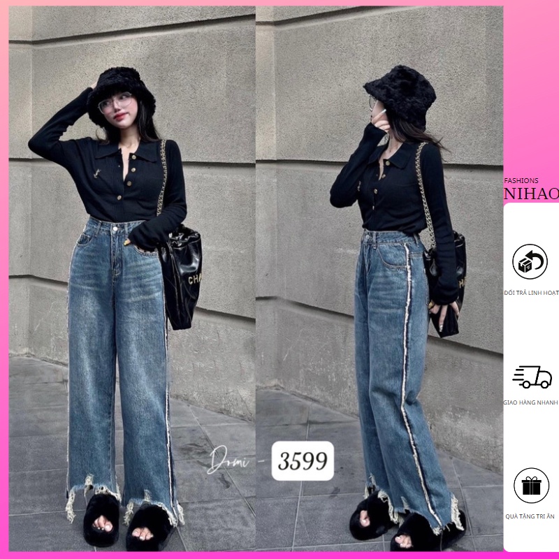 Quần Jeans Nữ Nihao Chất Cao Cấp Mềm Mại Mẫu Rách Gấu Độc Lạ Lưng Cao Ống Suông Rộng Cá Tính 3599