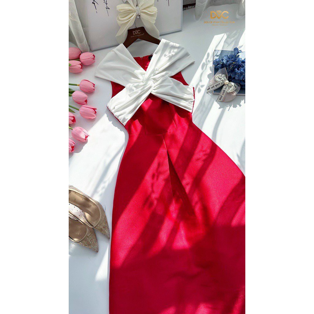 (Sale FreeShip) Đầm thiết kế đi tiệc dáng dài,đầm tapta trễ vai phối màu xinh xĩu,2 màu đỏ vàng tôn da