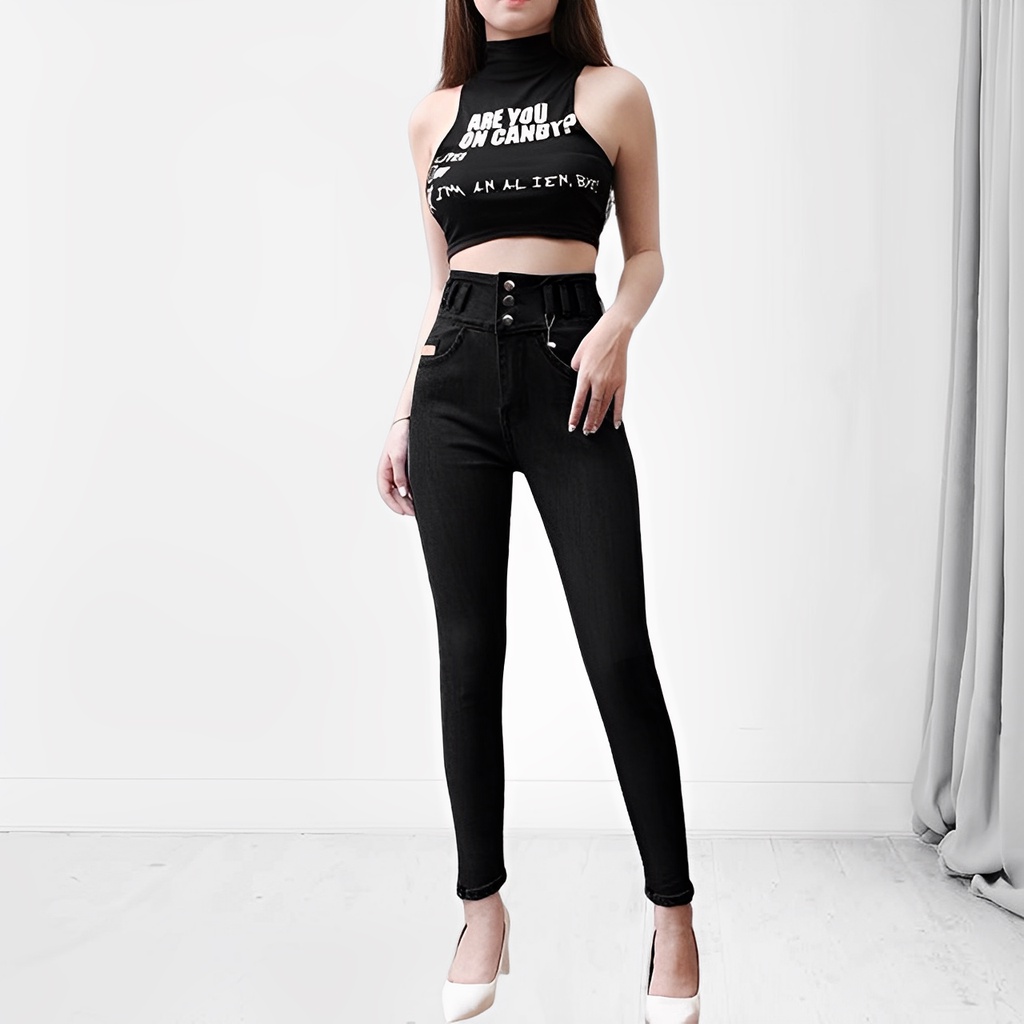 Quần jean skinny nữ cạp cao 3 cúc dài 98cm  chất liệu co giãn siêu thoải mái, chất mịn