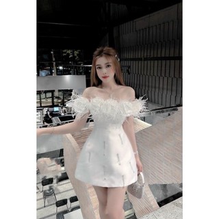 Đầm xòe trễ vai đính lông phối hoa hồng kết đá tua xinh xắn - mochouse83