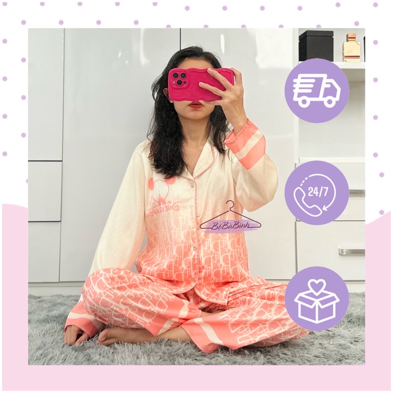 [Có Video - Lụa Xước Loại 1 - Tay Dài] Đồ bộ Piyama Nữ Mặc Nhà Dưới 60kg Mềm Mát Hoạ Tiết Chuột Disn