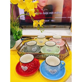Set tách đĩa cafe hoạ tiết chấm bi