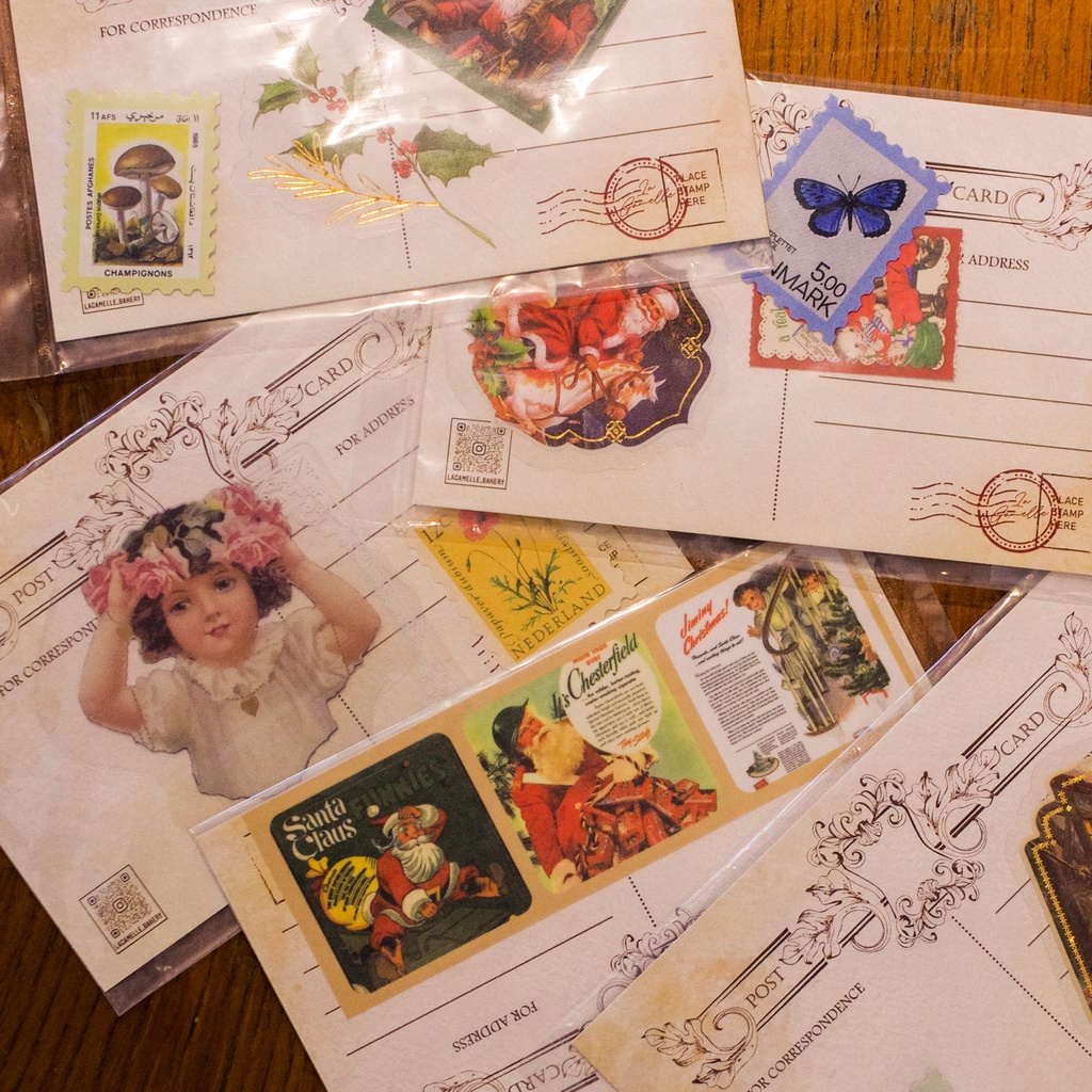 COMBO 5 BỘ BƯU THIẾP + STICKER GIÁNG SINH VINTAGE, POSTCARD HANDMADE LA GAMELLE