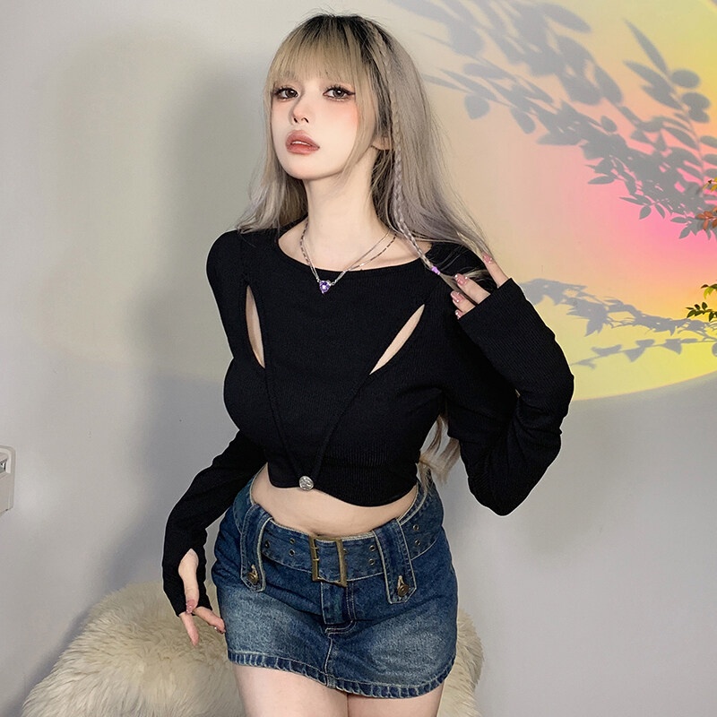 Weird Puss Áo Thun Crop Top Tay Dài Màu Trơn Dáng Ôm Đính Nút Trang Trí Lỗ Hở Thời Trang Mùa Thu Mới Cho Nữ
