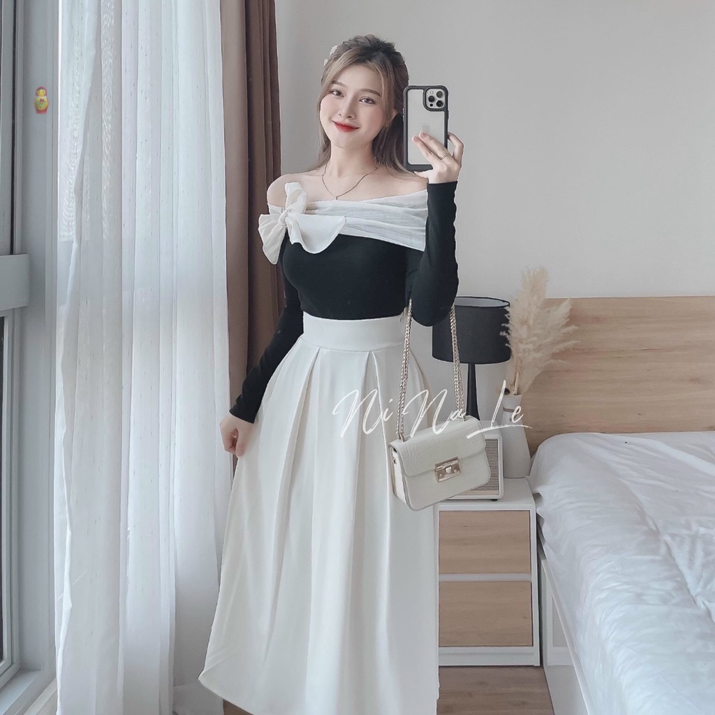 Áo kiểu bẹt vai viền voan nơ ngực tay dài cực hot , chất thun bozip dày dặn mềm mát