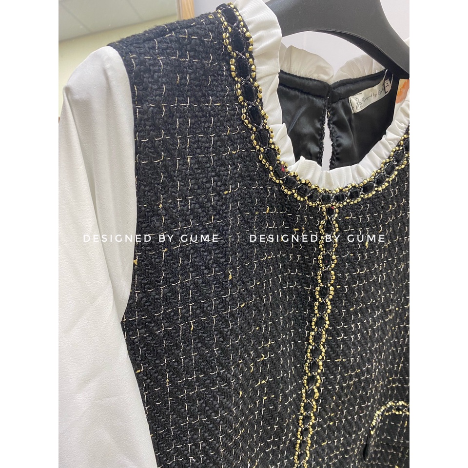 Váy bầu bigsize - Đầm bầu thiết kế GuMe dạ tweed màu Đen dáng đuôi cá dây dọc phối tay trắng vải tuyết mưa cao cấp MB186