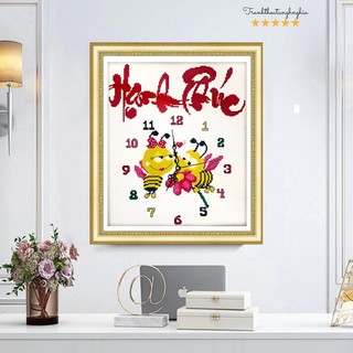 Tranh thêu chữ thập đồng hồ chữ hạnh phúc 42cm x 47cm