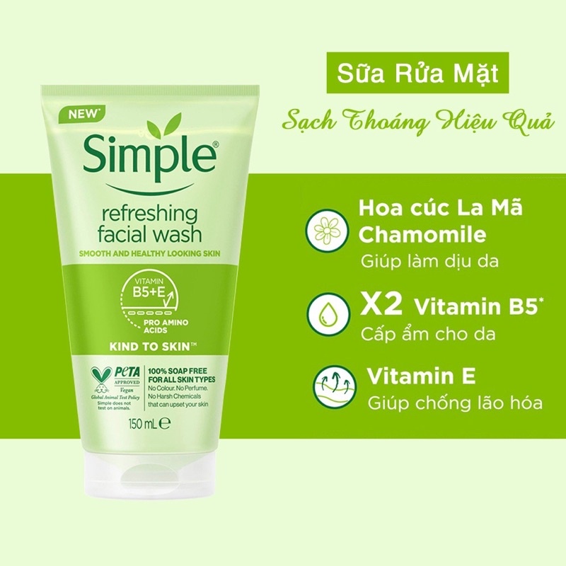 Sữa rửa mặt dịu nhẹ Simple Kind To Skin Refreshing Facial Wash Gel 150ml
