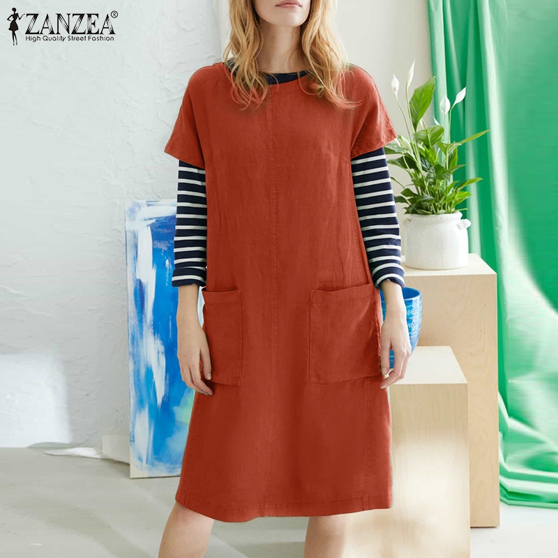 ZANZEA Đầm Nữ Ngắn Tay Cổ Tròn Màu Trơn Thời Trang