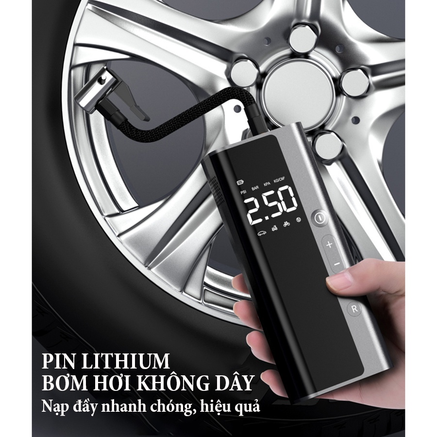 Máy bơm không khí 8000mAh, bơm lốp xe ô tô điện tử cao cấp, sạc dự phòng thông minh