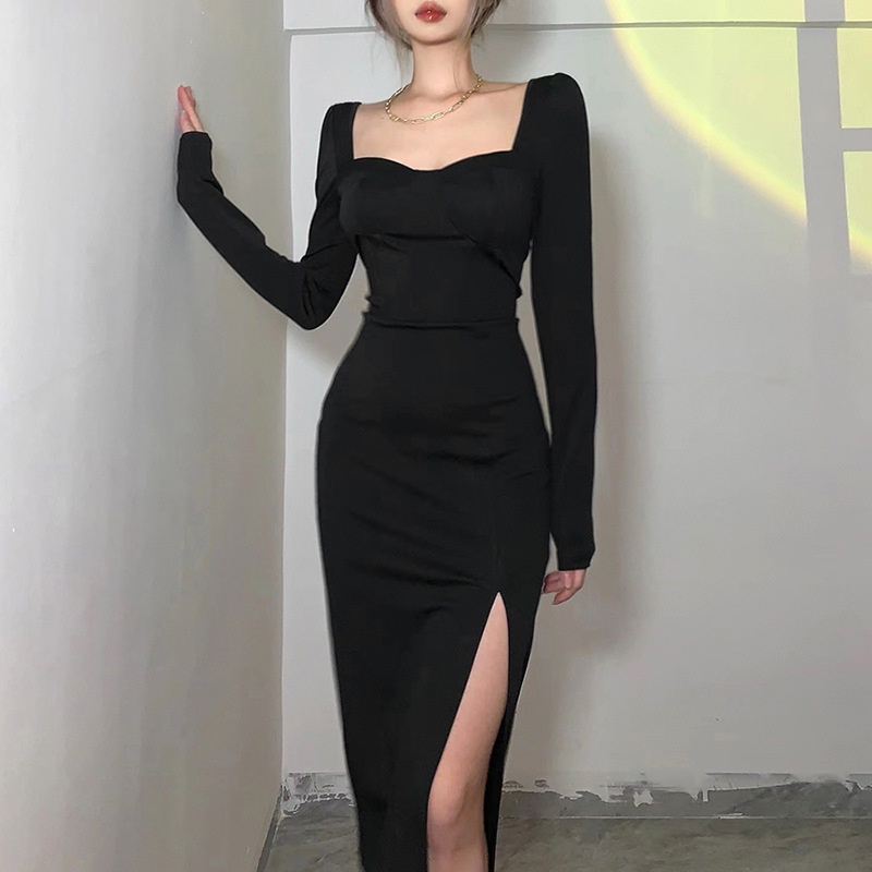 PunkyRabbit Đầm Tay Dài Xẻ Bên Cổ Vuông Thanh Lịch Bằng Sợi Polyester Ôm Body Cho Tiệc Cocktail