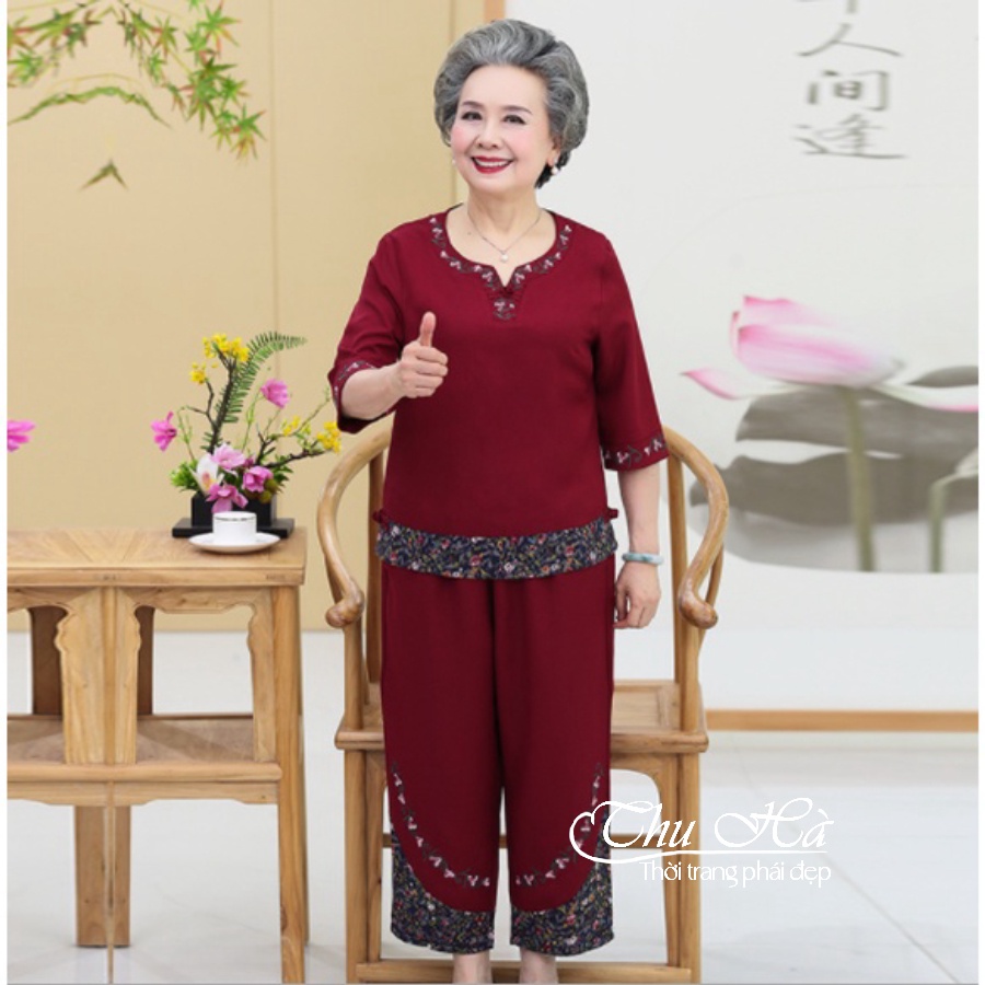 Đồ bộ trung niên nữ thêu hoa Thu Hà quần áo mặc nhà tặng bà tặng mẹ chất liệu co giãn form thoải mái ĐBH.21
