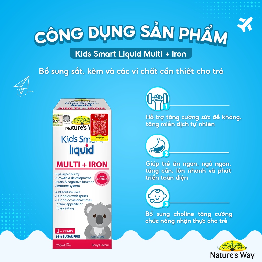 Siro Bổ Sung Sắt Và Multi Vitamin Cho Bé Nature's Way Kids Smart Liquid Multi + Iron Hỗ Trợ Tăng Đề Kháng Cho Bé 200ml